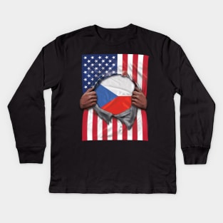 Czech Republic Flag American Flag Ripped - Gift for Czech From Czech Republic Kids Long Sleeve T-Shirt